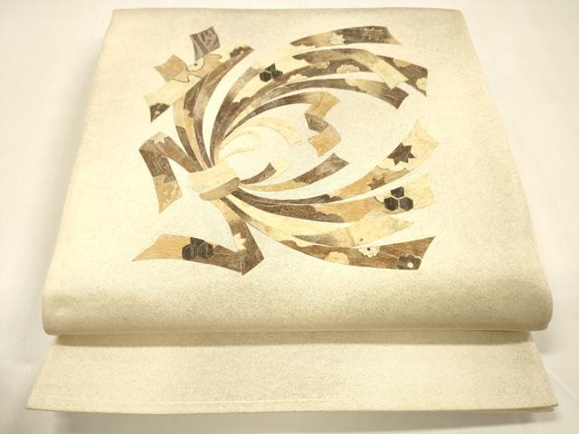 平和屋着物●みのむし工芸作家 草苑白水 太鼓柄袋帯 束ね熨斗草花文 正絹 逸品 DAAZ4315cm