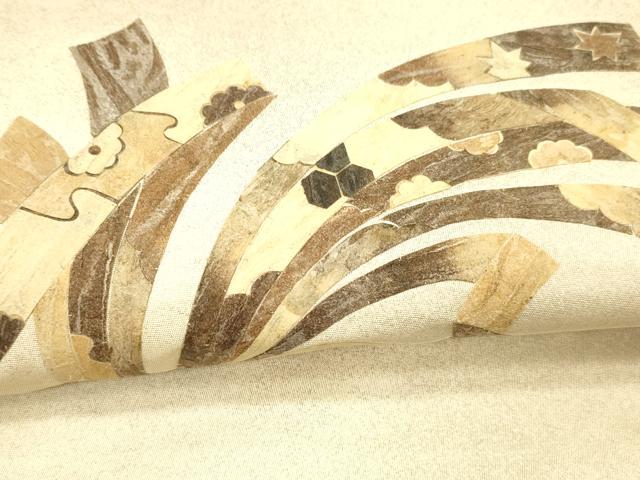 平和屋着物●みのむし工芸作家 草苑白水 太鼓柄袋帯 束ね熨斗草花文 正絹 逸品 DAAZ4315cm