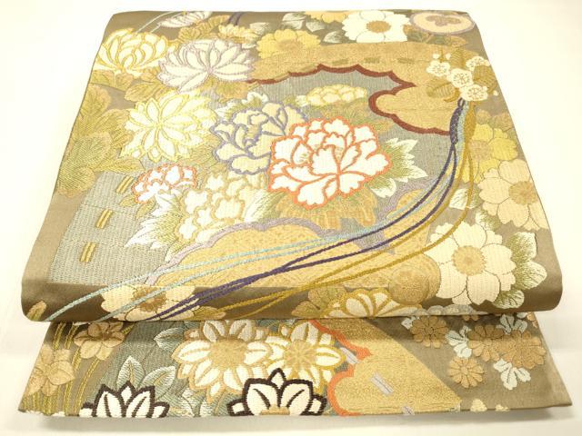 平和屋着物●六通柄袋帯 唐織 四季扇面文 金糸 正絹 逸品 DAAZ4350cm