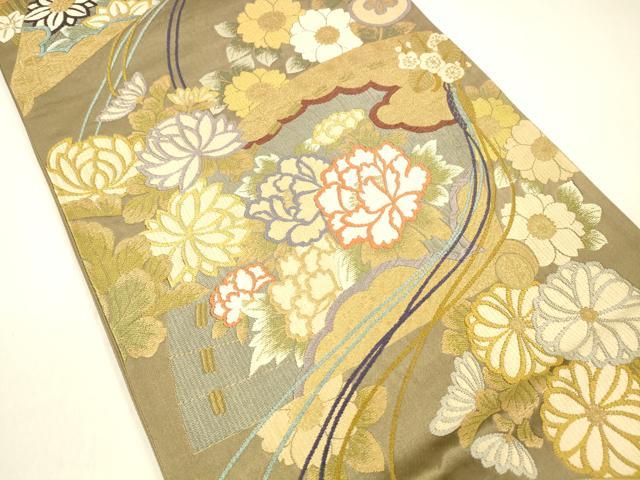 平和屋着物●六通柄袋帯 唐織 四季扇面文 金糸 正絹 逸品 DAAZ4350cm
