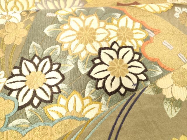 平和屋着物●六通柄袋帯 唐織 四季扇面文 金糸 正絹 逸品 DAAZ4350cm