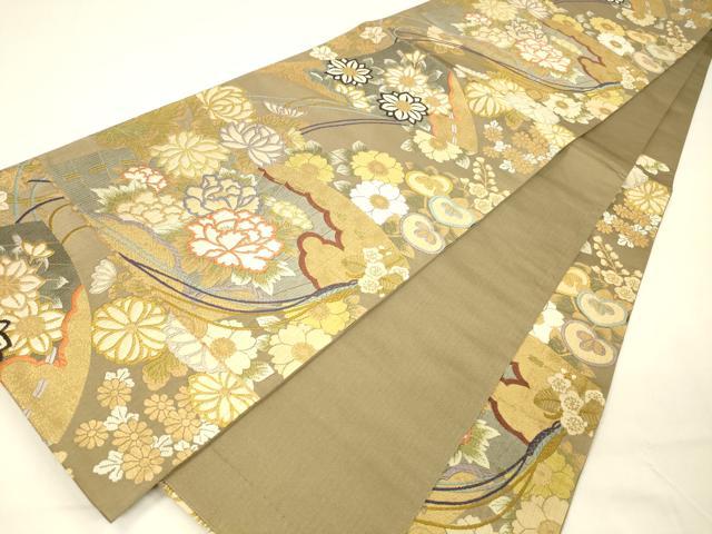 平和屋着物●六通柄袋帯 唐織 四季扇面文 金糸 正絹 逸品 DAAZ4350cm