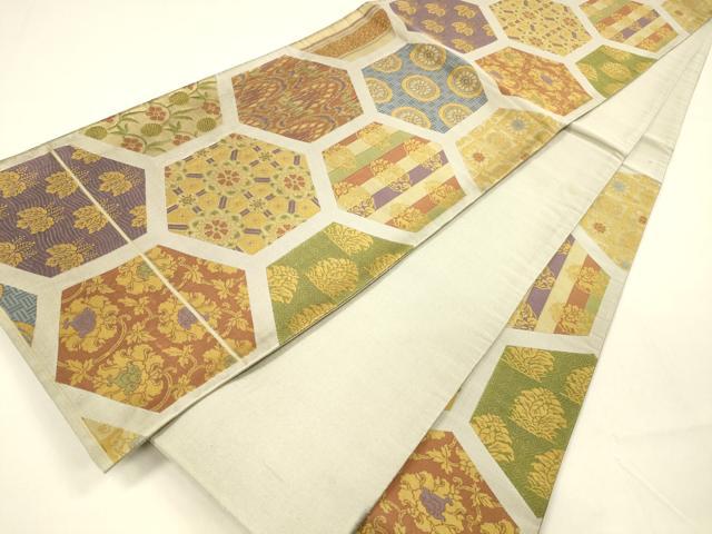 平和屋着物●六通柄袋帯 名物裂 亀甲更紗花文 正絹 逸品 DAAZ4434cm
