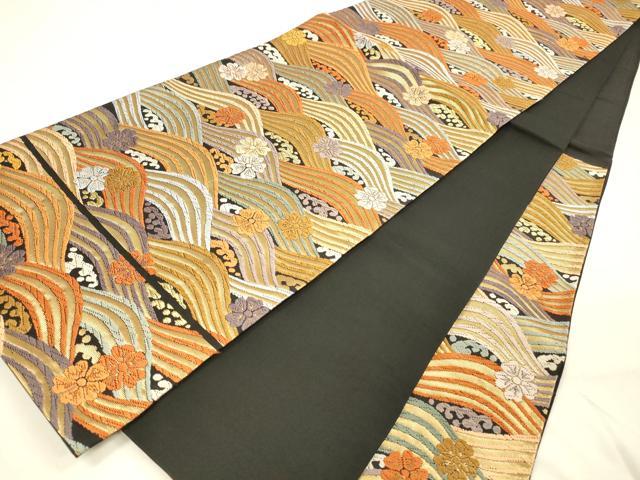 平和屋着物●六通柄袋帯 唐織 青海波桜花文 黒地 金糸 正絹 逸品 DAAZ4435cm