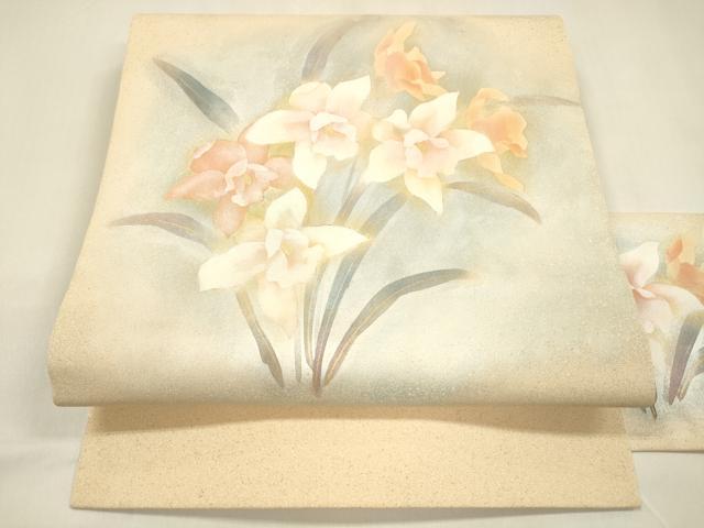 平和屋着物●九寸名古屋帯 作家物 草花文 金銀彩 正絹 逸品 DAAZ4443cm