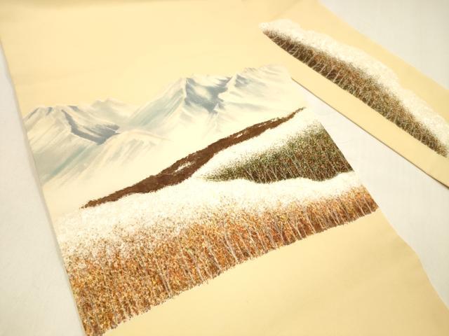 平和屋着物●塩瀬 九寸名古屋帯 手描き 風景文 正絹 逸品 DAAZ4464cm