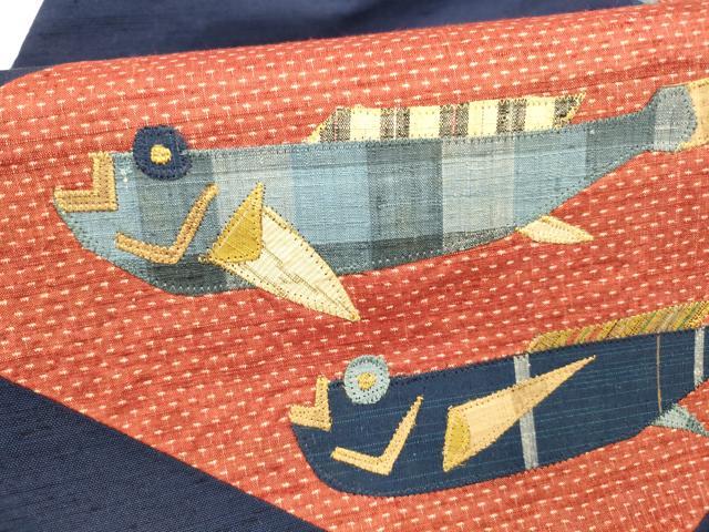 平和屋着物●九寸名古屋帯 パッチワーク 紬地 切嵌 魚 正絹 逸品 DAAZ4470cm
