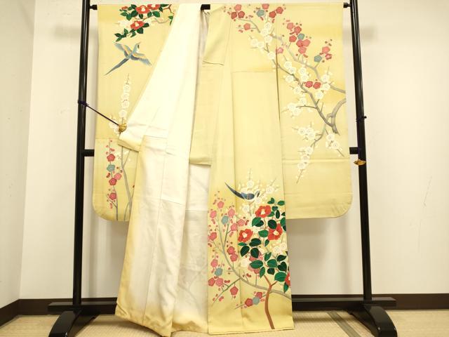 平和屋着物●豪華振袖 友禅 作家物 枝梅に休み鳥 椿 暈し染め 正絹 逸品 DAAZ5252du