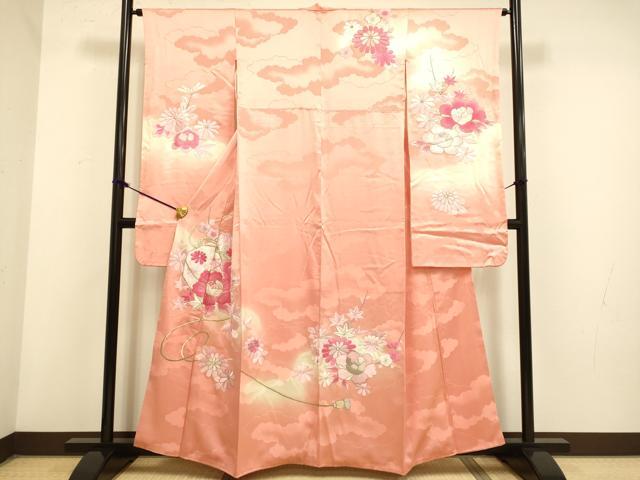 平和屋着物○豪華振袖 型染め 流水群れ鳥草花文 暈し染め