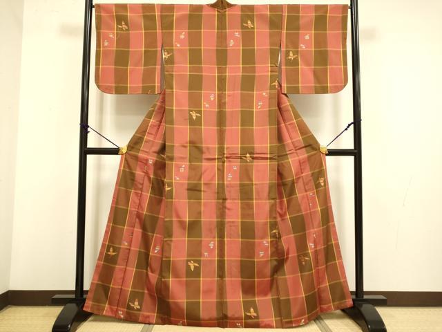 平和屋着物■上質な紬 格子舞蝶文 正絹 逸品 DAAZ5362du