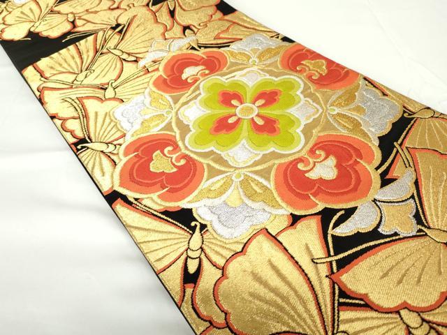 平和屋着物◎六通柄袋帯 唐織 正倉院花蝶文 黒地 金銀糸 正絹 逸品 DAAZ5535ea