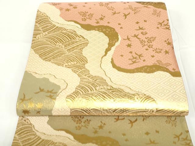 平和屋着物◎佐賀錦 六通柄袋帯 道長飛鳥花文 金糸 正絹 逸品 DAAZ5538ea