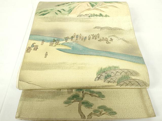 平和屋着物◎六通柄袋帯 手描き 風景文 金糸 正絹 逸品 DAAZ5628ea