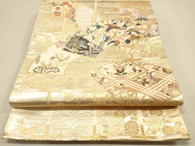 平和屋着物◎六通柄袋帯 唐織 格天井扇面花文 鳳凰 金糸 正絹 逸品 DAAZ5685ea