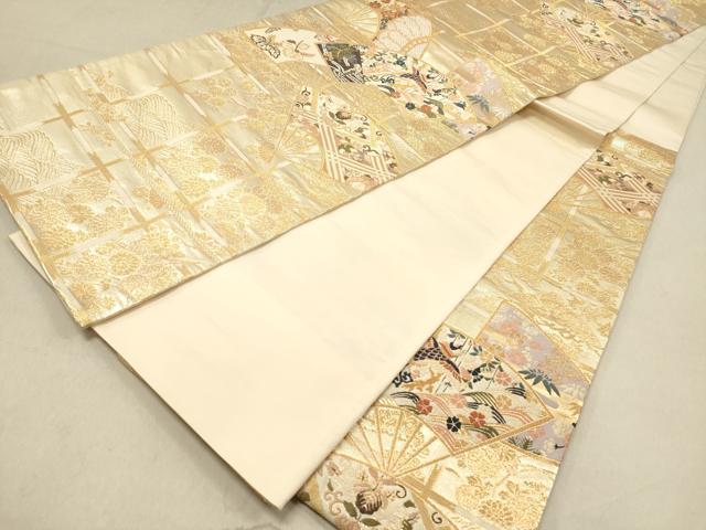 平和屋着物◎六通柄袋帯 唐織 格天井扇面花文 鳳凰 金糸 正絹 逸品 DAAZ5685ea
