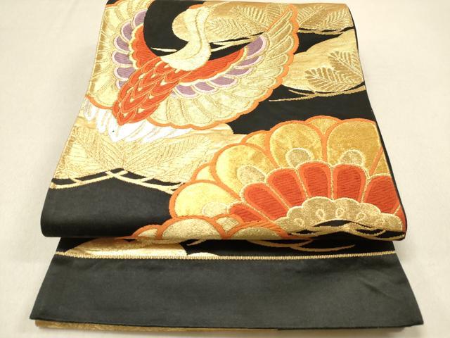 平和屋着物◎六通柄袋帯 唐織 飛鶴松文 黒地 金銀糸 正絹 逸品 DAAZ5700ea