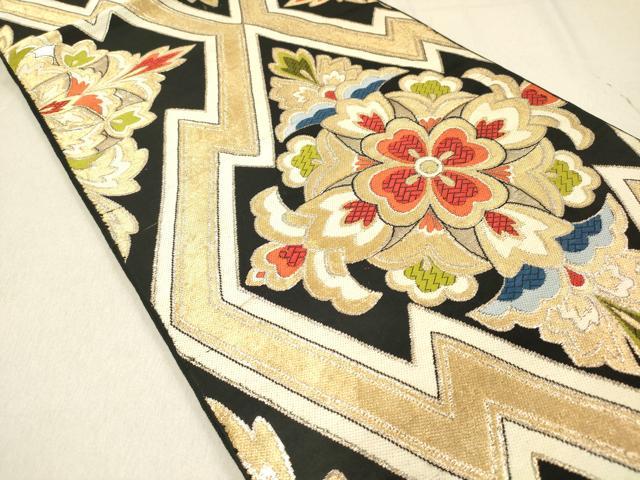 平和屋着物◎六通柄 本袋帯 唐織 松皮菱正倉院花文 黒地 金糸 正絹 逸品 DAAZ5701ea