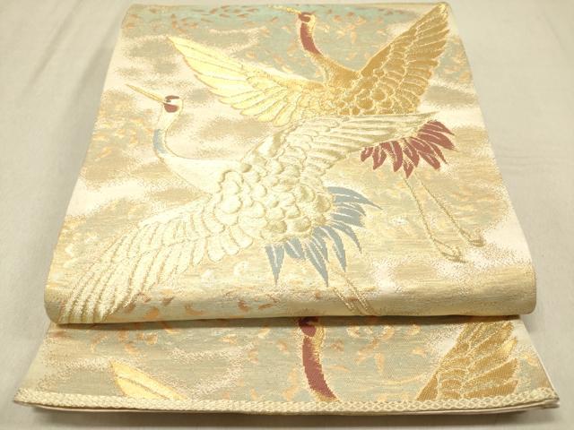 アンティーク　鶴模様　格子　金糸　丸帯　着物　023a p アンティーク 鶴模様 格子 金糸 丸帯 着物 023a p