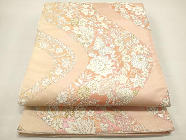 平和屋着物◎六通柄袋帯 サリー帯 流水更紗花鳥文 金糸 正絹 逸品 DAAZ5767ea