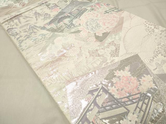 平和屋着物◎六通柄袋帯 唐織 九百錦 色紙重ね風景花松文 屏風 プラチナ箔 正絹 逸品 DAAZ5820ea