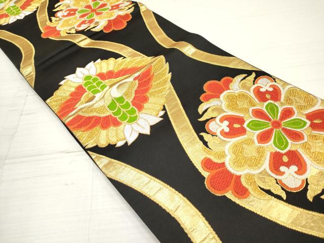 平和屋着物◎六通柄袋帯 唐織 立涌双鶴花文 黒地 金銀糸 正絹 逸品 DAAZ5914ea