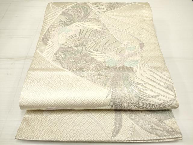 平和屋着物◎六通柄袋帯 唐織 扇面鳳凰花文 銀糸 正絹 逸品 DAAZ5971ea