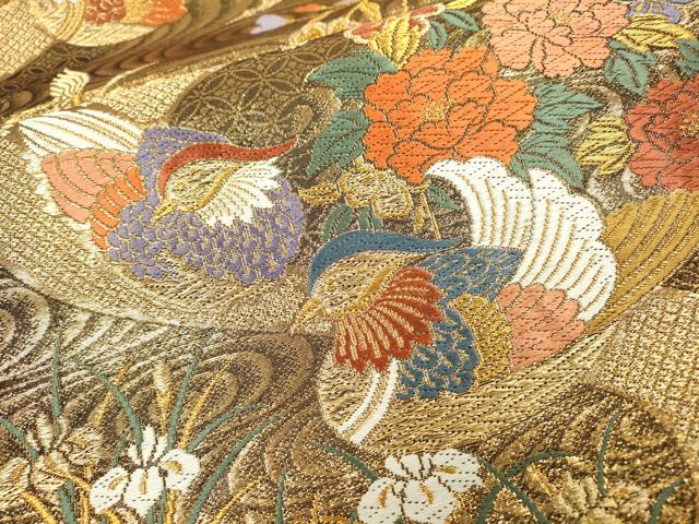 平和屋着物▼六通柄袋帯 唐織 鴛鴦花文 金糸 正絹 逸品 DAAZ6611fe