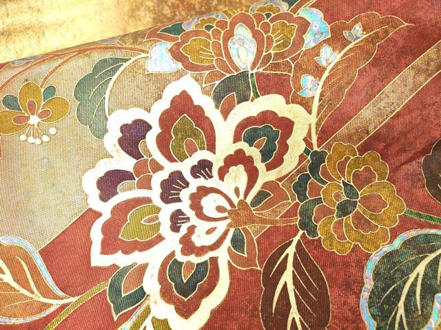 平和屋着物▼太鼓柄袋帯 更紗花唐草文 金彩 引箔 正絹 逸品 DAAZ6890fe