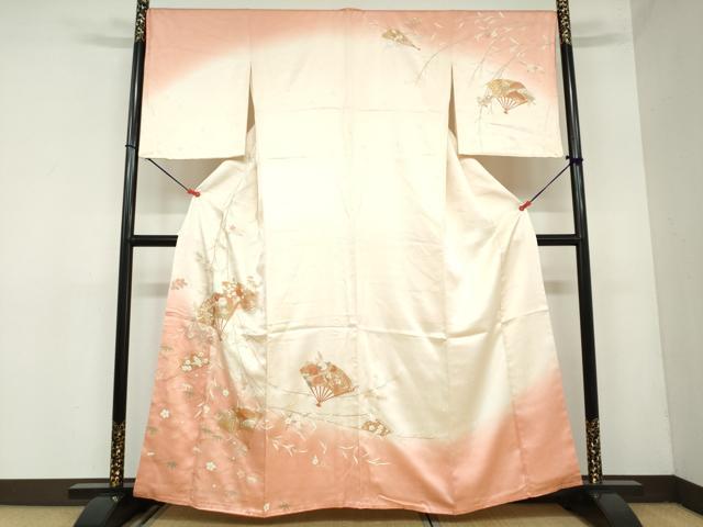 平和屋着物●訪問着 刺繍 扇面草花文 暈し染め 金彩 正絹 逸品 DAAZ7015ud