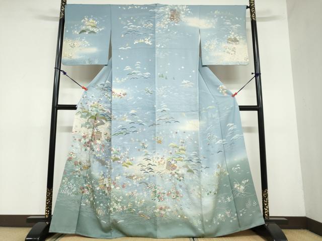 平和屋着物●訪問着 作家物 刺繍 御所車草花文 暈し染め 正絹 逸品 DAAZ7195ud