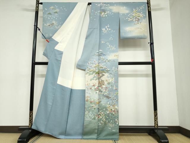 平和屋着物●訪問着 作家物 刺繍 御所車草花文 暈し染め 正絹 逸品 DAAZ7195ud