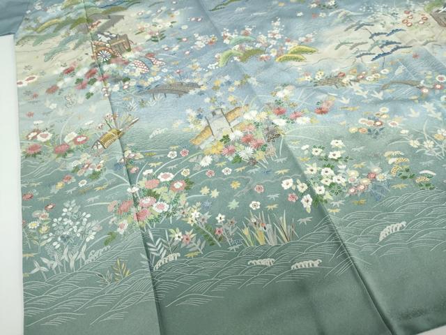 平和屋着物●訪問着 作家物 刺繍 御所車草花文 暈し染め 正絹 逸品 DAAZ7195ud