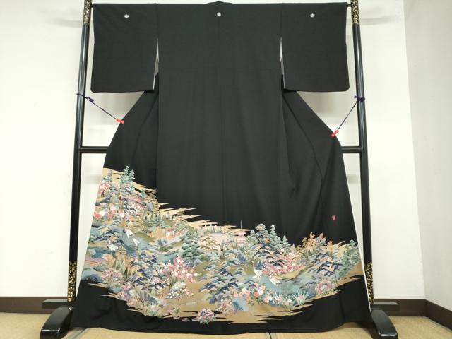 平和屋着物●豪華黒留袖 友禅 作家物 風景群鶴草花文 正絹 逸品 DAAZ7205ud