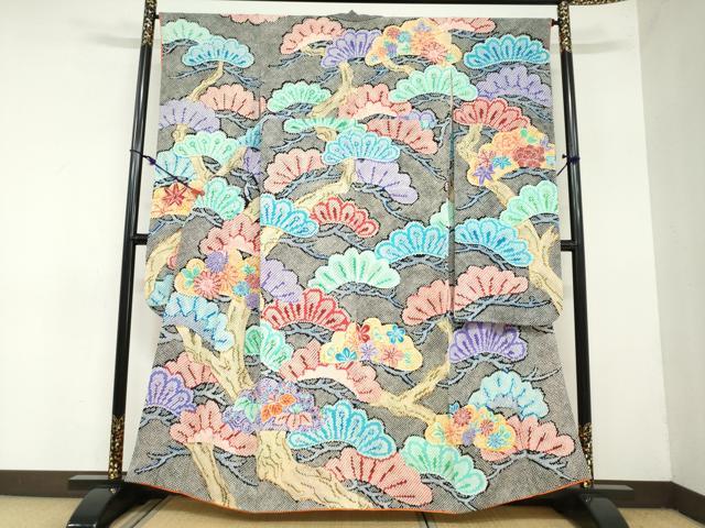 平和屋着物●豪華振袖 鹿の子草花松文 黒地 正絹 逸品 DAAZ7257ud