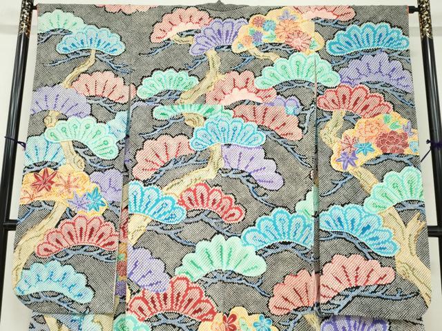 平和屋着物●豪華振袖 鹿の子草花松文 黒地 正絹 逸品 DAAZ7257ud