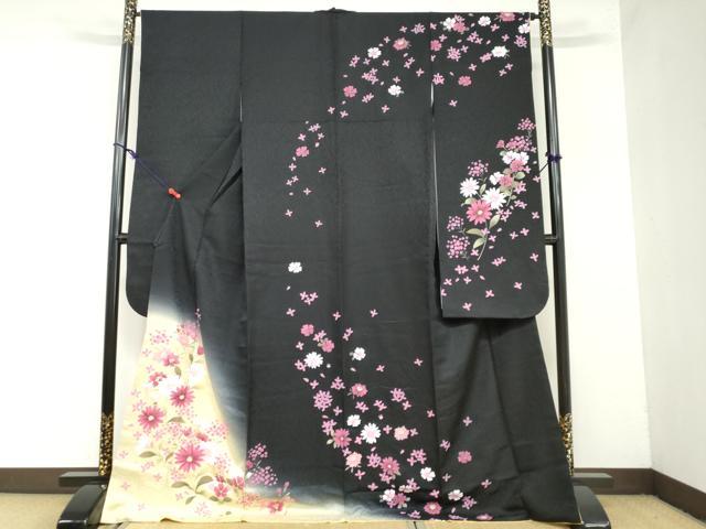 平和屋着物●豪華振袖　草花文　暈し染め　黒地　ロング丈　正絹　逸品　DAAZ7258ud 平和屋着物○豪華振袖 草花文 暈し染め 黒地 ロング丈 正絹 逸品