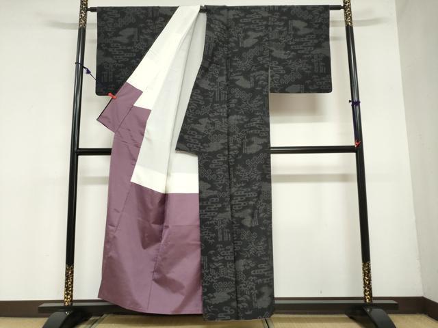 平和屋着物●結城紬 80亀甲 雲取り吉祥笹竹文 正絹 逸品 DAAZ7425ud