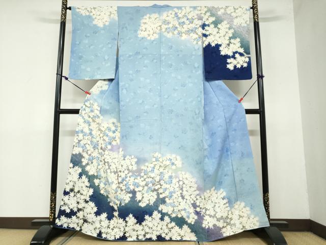 平和屋着物●訪問着 枝桜文 暈し染め 金彩 銀通し地 正絹 逸品 DAAZ7581ud