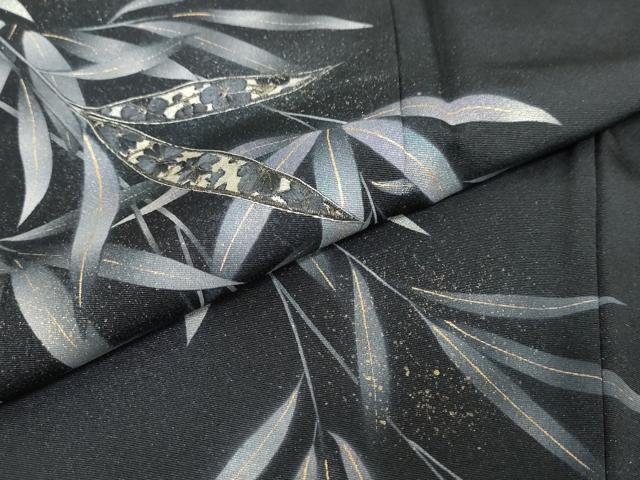 平和屋着物●訪問着 作家物 刺繍 笹文 黒地 金彩 さが美扱い 反端付き ロング丈 正絹 逸品 DAAZ7726ud
