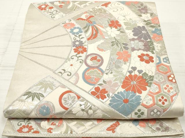 平和屋着物◎六通柄袋帯 唐織 扇面花鳥文 金銀糸 正絹 逸品 DAAZ8576qa