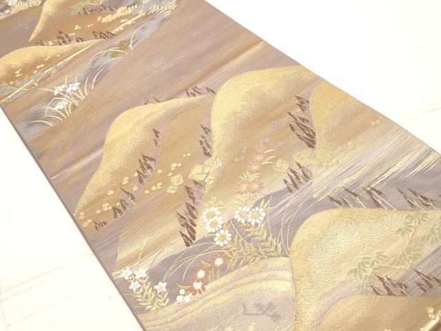 平和屋着物◎六通柄袋帯 唐織 重ね山風景花文 金糸 正絹 逸品 DAAZ8599qa
