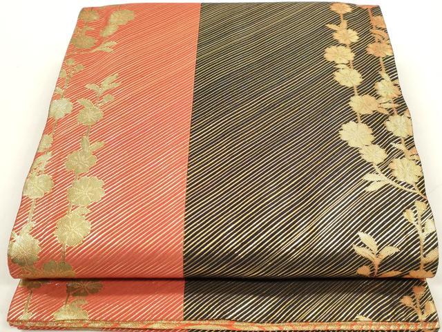 平和屋着物◎佐賀錦 両面 全通柄袋帯 斜縞枝花文 金糸 正絹 逸品 DAAZ8622qa