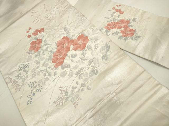 平和屋着物◎九寸名古屋帯 草花文 銀糸 正絹 逸品 DAAZ8641qa