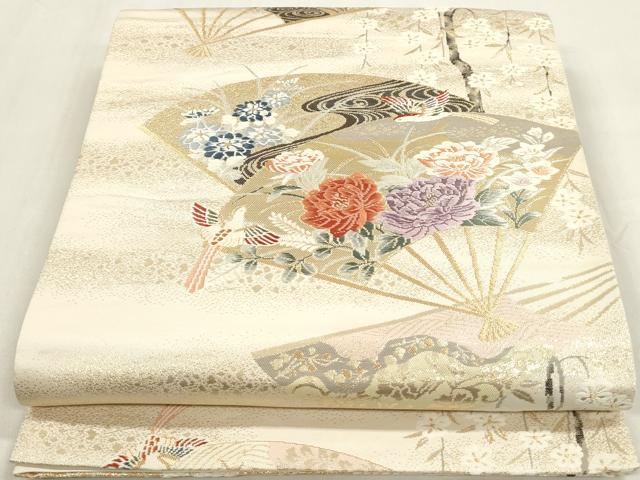 平和屋着物◎六通柄袋帯 唐織 扇面花鳥文 金糸 正絹 逸品 DAAZ8687qa