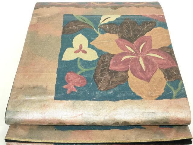 平和屋着物◎六通柄袋帯 手描き 幾何学花文 引箔 正絹 逸品