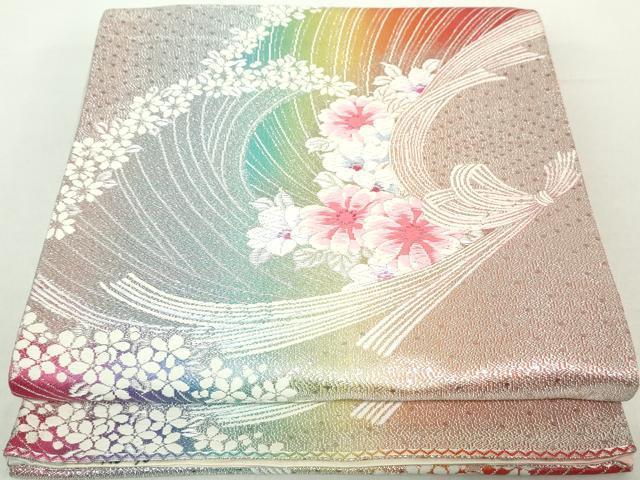 平和屋着物◎両面 六通柄袋帯 唐織 草花文 銀糸 正絹 逸品 DAAZ8925qa