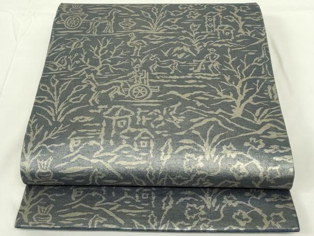 平和屋着物◎六通柄袋帯 狩猟文 銀糸 正絹 逸品 DAAZ9002qp