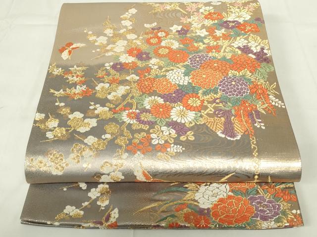 平和屋着物○六通柄袋帯 唐織 花鳥吉祥文 金糸 引箔 正絹 逸品