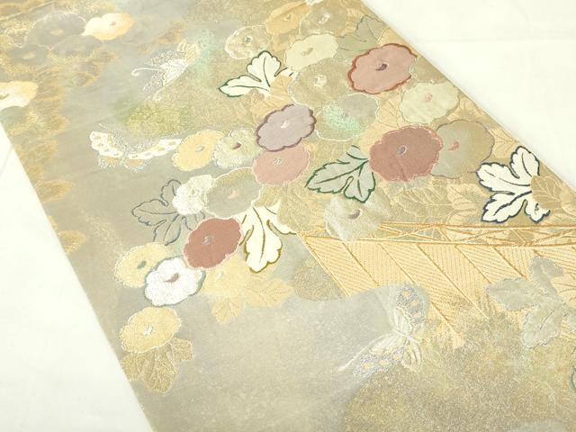 平和屋着物◎六通柄袋帯 吉祥花蝶文 饅頭菊 金銀糸 引箔 正絹 逸品 DAAZ9121qp