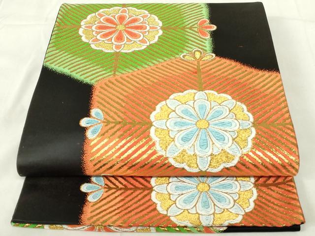 平和屋着物◎六通柄袋帯 亀甲松葉文 黒地 金糸 三越扱い 正絹 逸品 DAAZ9287qp